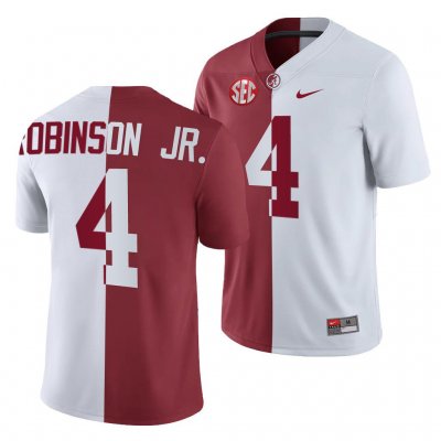 Men's Alabama Crimson Tide #4 Brian Robinson Jr. White Crimson NCAA Split College Football Jersey 2403WUTQ2